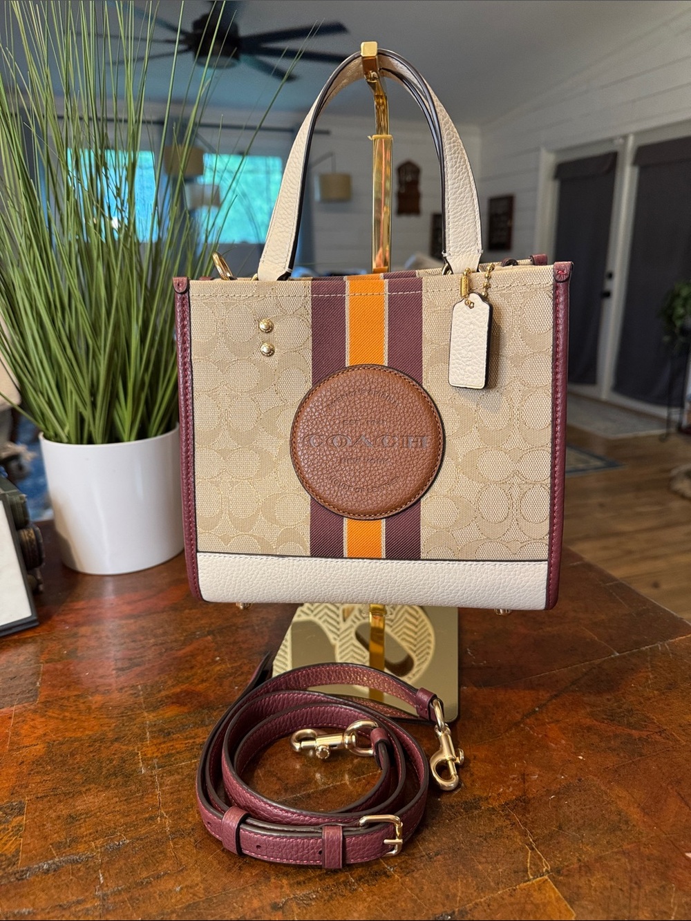 Coach Dempsey Beige Canvas Satchel with Burgundy & Orange Stripe Accents